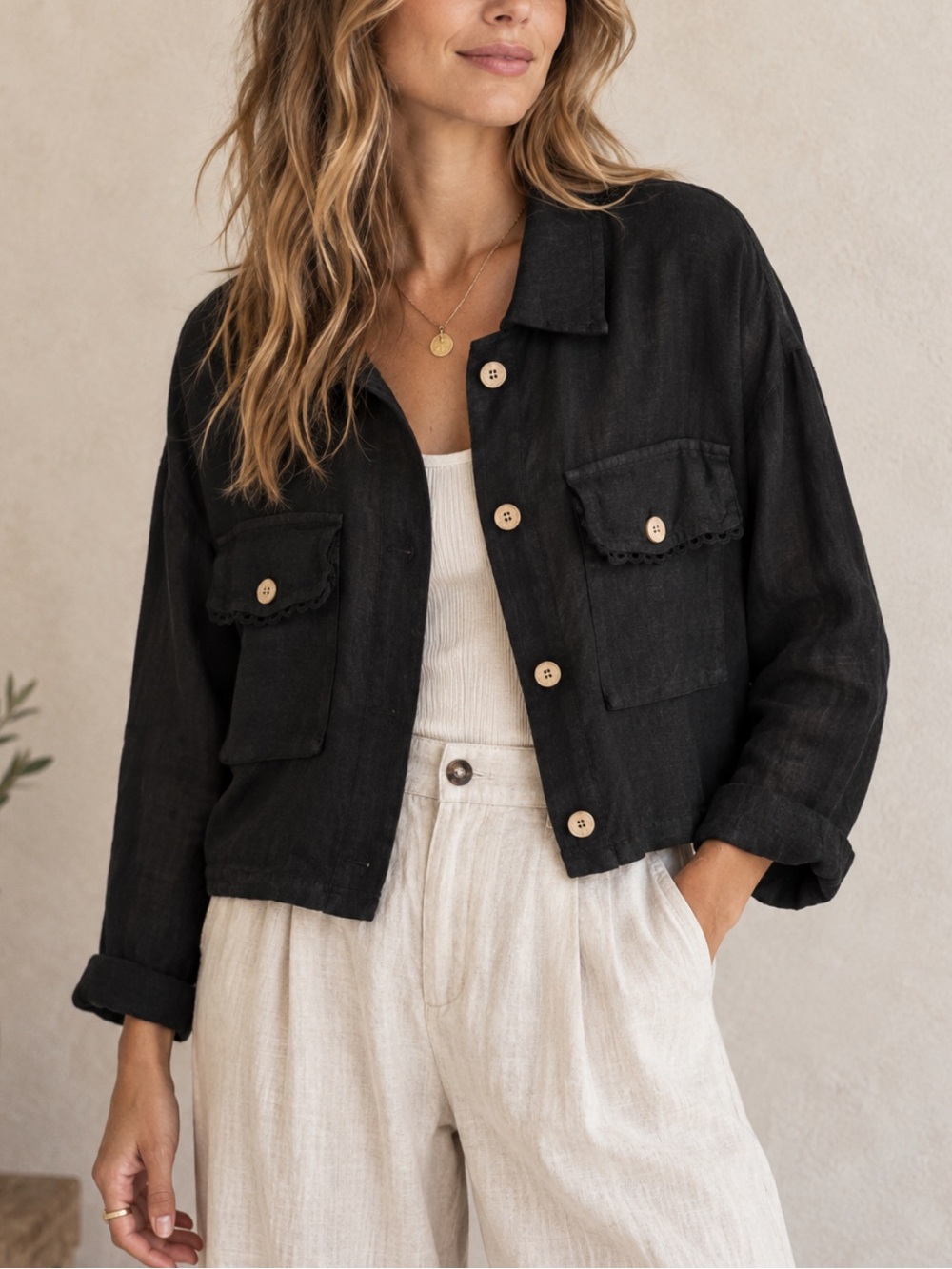Tempo Paris Linen Black Cropped Button-Front Jacket